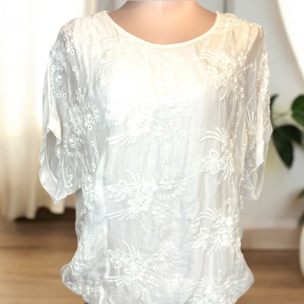 Tendenze Italy Silk Blend Sheer Embroidered Blouse White Floral Top S